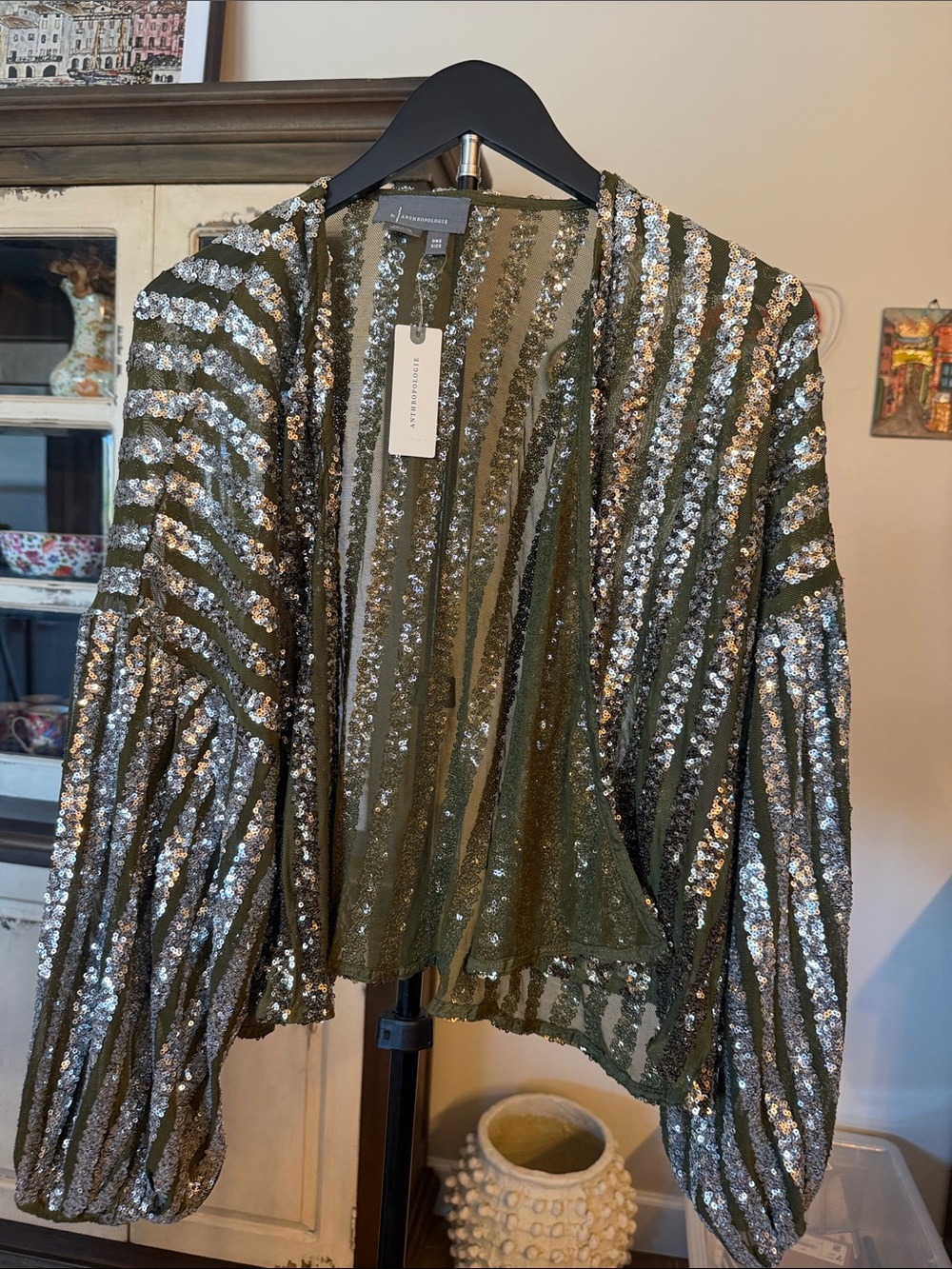 Anthropologie Olive Green and Silver Sequin Striped Open Cardigan